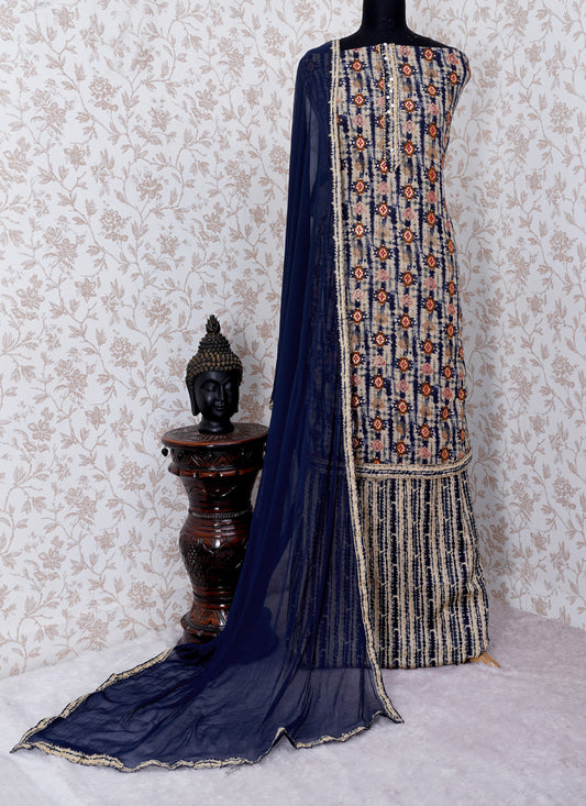ASISA Women Blue Cotton Khatli Work Unstitched Suit Nazneen Dupatta (Unstitched 3 Piece dress material)