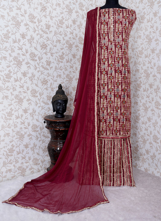 ASISA Women Maroon Cotton Khatli Work Unstitched Suit Nazneen Dupatta (Unstitched 3 Piece dress material)