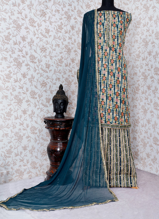 ASISA Women Teal Cotton Khatli Work Unstitched Suit Nazneen Dupatta (Unstitched 3 Piece dress material)