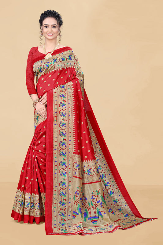 Asisa Red Cotton Silk Women Woven Saree