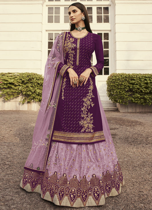 Asisa Women Purple And Pink Golden Zari Embroidered Indian Lehenga Suit