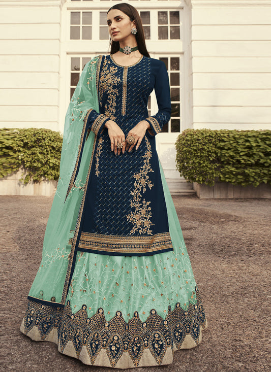 Asisa Women Teal Blue and Green Golden Zari Embroidered Indian Lehenga Suit
