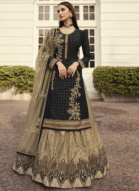 Asisa Women Black and Beige Golden Zari Embroidered Indian Lehenga Suit