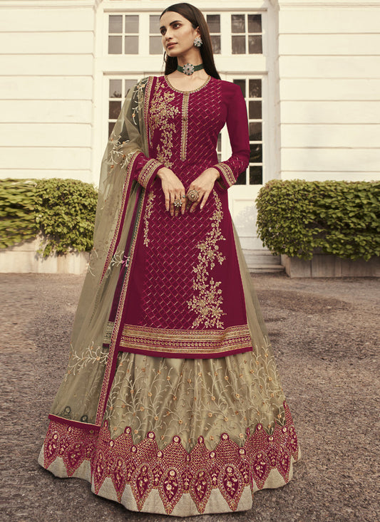 Asisa Women Maroon and Beige Golden Zari Embroidered Indian Lehenga Suit