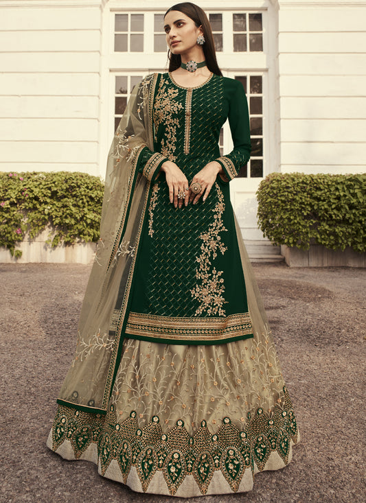 Asisa Women Green And Beige Golden Zari Embroidered Indian Lehenga Suit