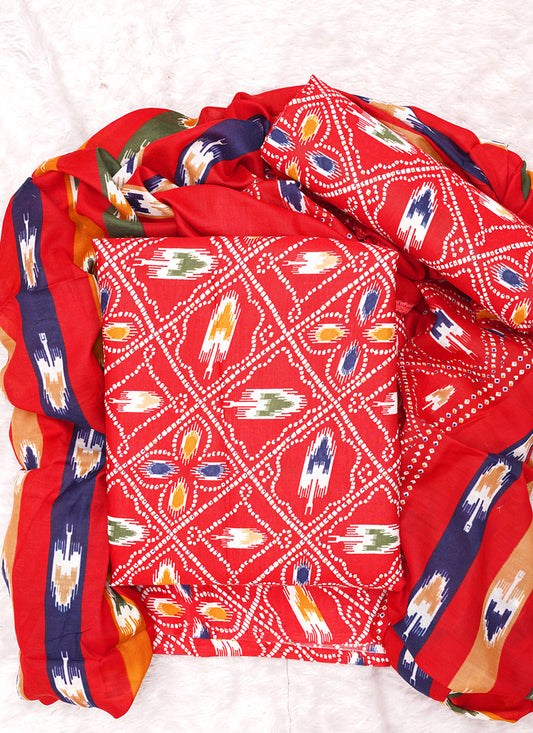 Red Cotton Printed Unstitched Suit With Cotton Dupatta