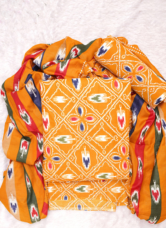 Yellow Cotton Printed Unstitched Suit With Cotton Dupatta