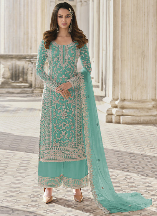 Asisa Women Turquoise Heavy Designer Butterfly Net Latest Salwar Suit