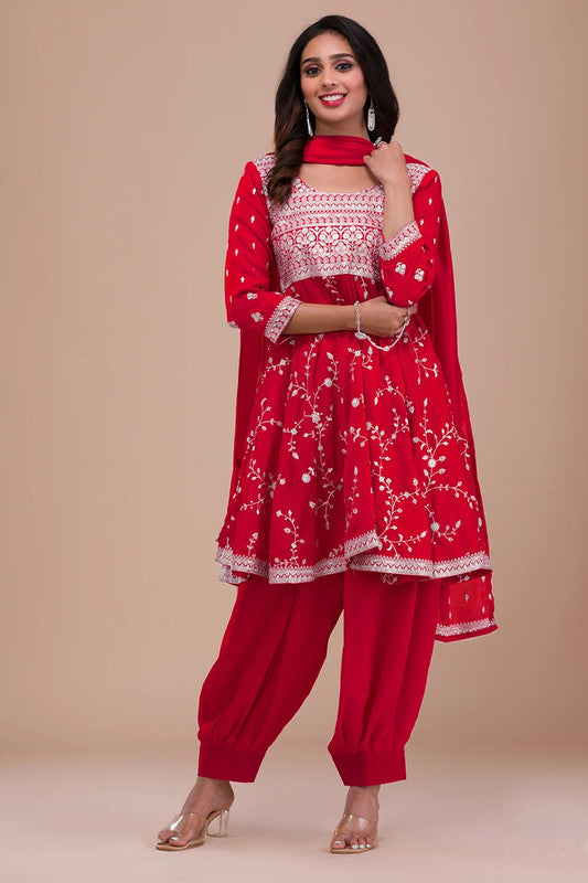 Red Zariwork Art Silk Readymade Salwar Suit