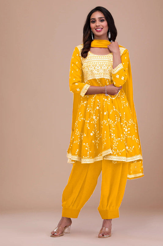 Yellow Zariwork Art Silk Readymade Salwar Suit