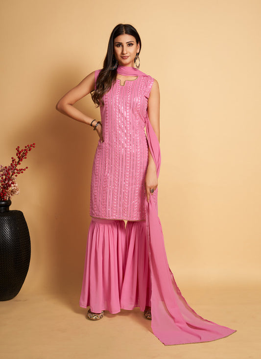 Asisa Women Pink Georgette Embroidered Sequins Work Kurta With Sharara & Dupatta