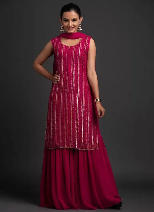 Asisa Women Rani Pink Georgette Embroidered Sequins Work Kurta With Sharara & Dupatta