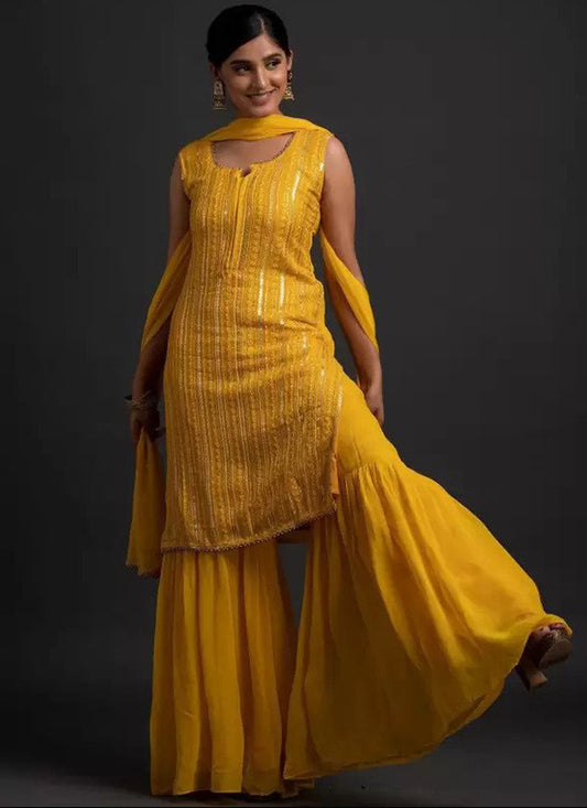 Asisa Women Yellow Georgette Embroidered Sequins Work Kurta With Sharara & Dupatta