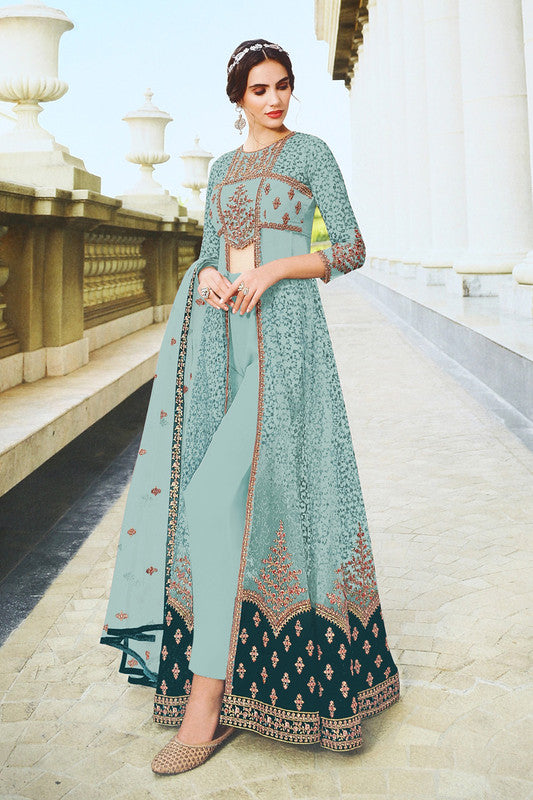 Aqua Blue Embroidered And Diamond Work Netted Anarkali Suit