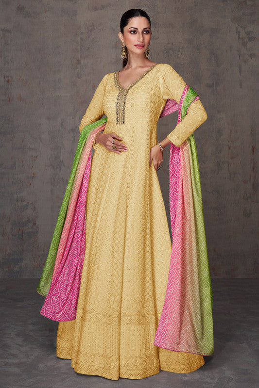 Yellow Lucknowi Mirror Work Embroidery Anarkali Gown