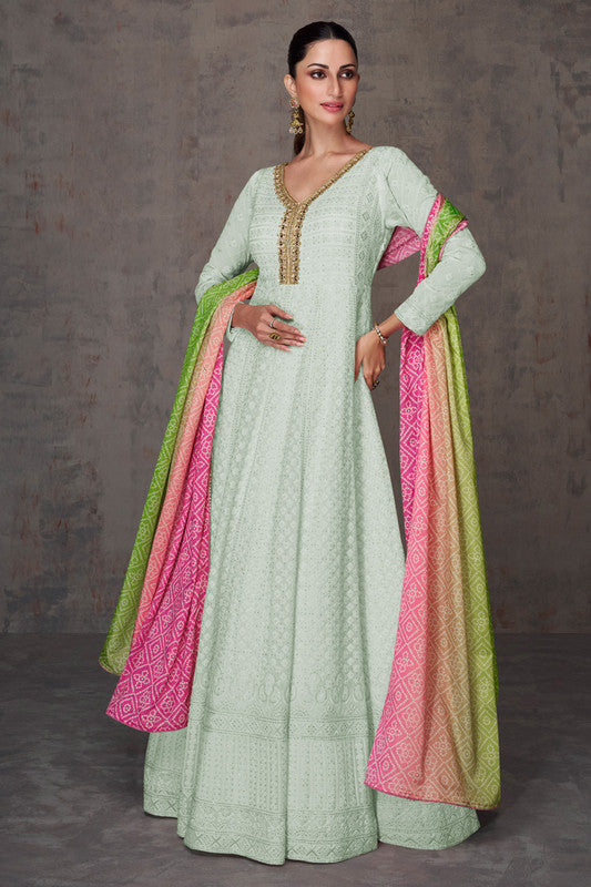 Turquoise Lucknowi Mirror Work Embroidery Anarkali Gown