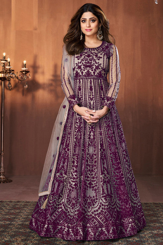 Beige Purple Embroidered Festive Anarkali Suit