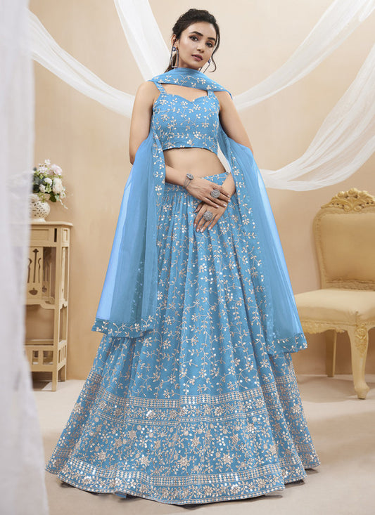Splendid Sky-Blue Embroidered Georgette Sangeet Wear Lehenga Choli