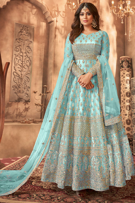 Sky Blue Golden Multi Embroidered Wedding Anarkali Gown