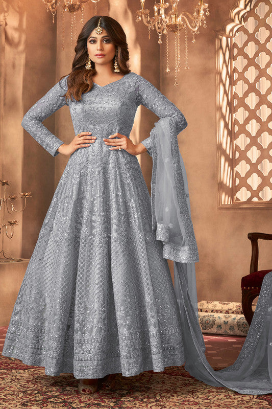 Aqua Blue Multi Embroidered Wedding Anarkali Gown