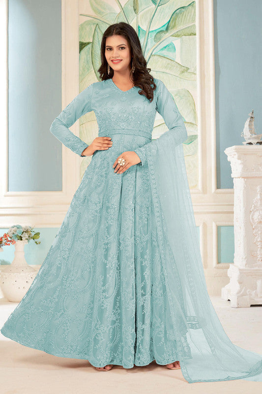 Sky Blue Sequins Embroidery Traditional Anarkali Suit