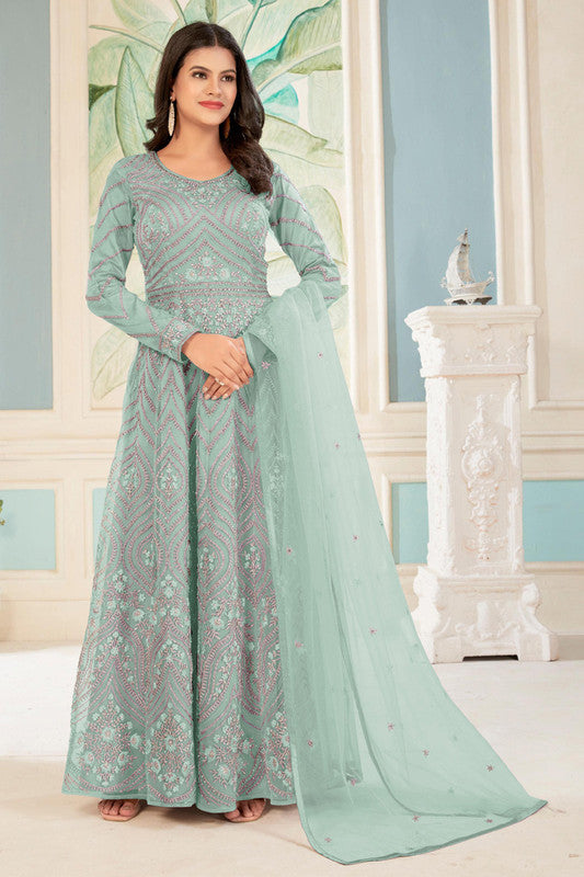 Turquoise Sequins Embroidery Traditional Anarkali Suit